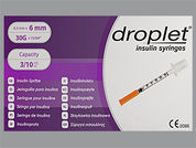 Droplet Insulin Syringe: This is a Syringe Empty Disposable imprinted with nothing on the front, nothing on the back.