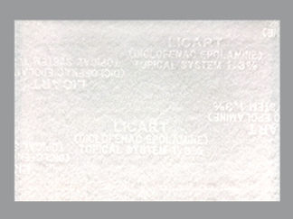 This is a Patch Transdermal 24 Hours imprinted with LICART  (DICLOFENAC EPOLAMINE)  TOPICAL on the front, nothing on the back.