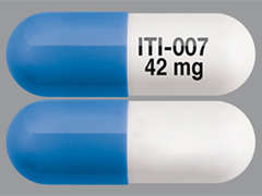 Esto es un Cápsula blanco oblongo imprimido con ITI-007  42 mg en la parte delantera, nada en la parte posterior, y es fabricado por INTRA-CELLULAR.