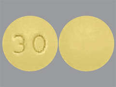 Esto es un Tableta LP 24 Hr amarillo redondo imprimido con 30 en la parte delantera, nada en la parte posterior, y es fabricado por INGENUS PHARMAC.