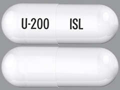 Esto es un Cápsula blanco oblongo imprimido con U-200 en la parte delantera, ISL en la parte posterior, y es fabricado por FH2 PHARMA LLC.