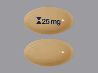 This is a Capsule imprinted with logo and 25 mg on the front, nothing on the back.