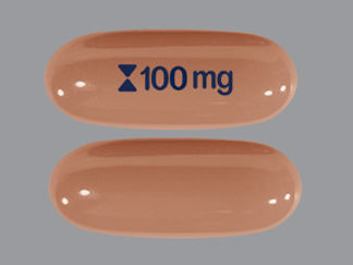 This is a Capsule imprinted with logo and 100 mg on the front, nothing on the back.