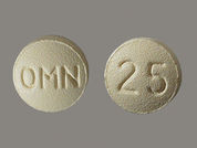 Topamax: This is a Tablet imprinted with OMN on the front, 25 on the back.