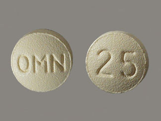 This is a Tablet imprinted with OMN on the front, 25 on the back.