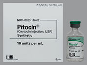 Pitocin: Esto es un Vial imprimido con nada en la parte delantera, nada en la parte posterior, y es fabricado por None.