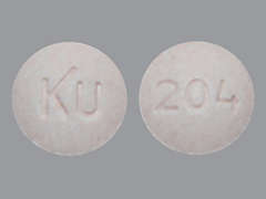 This is a light pink round Tablet Chewable imprinted with KU on the front, 204 on the back, and is manufactured by KREMERS/LANNETT.