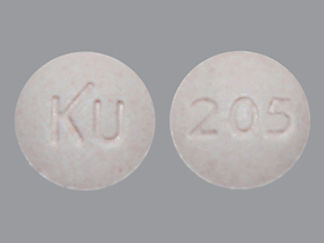 This is a Tablet Chewable imprinted with KU on the front, 205 on the back.