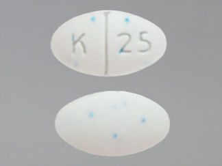 This is a Tablet imprinted with K 25 on the front, nothing on the back.