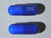 Dicyclomine Hcl: Esto es un Cápsula azul oblongo imprimido con LAN en la parte delantera, 0586 en la parte posterior, y es fabricado por LANNETT CO. INC.