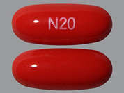 Nifedipine: This is a red oblong Capsule imprinted with N20 on the front, nothing on the back, and is manufactured by LEADING PHARMA.