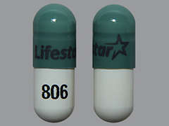 Esto es un Cápsula LP verde oblongo imprimido con Lifestar and logo en la parte delantera, 806 en la parte posterior, y es fabricado por LIFESTAR PHARMA.