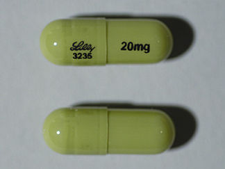 Esto es un Cápsula Dr imprimido con 20 mg en la parte delantera, LILLY 3235 en la parte posterior, y es fabricado por None.