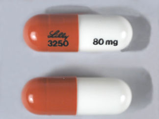 This is a Capsule imprinted with LILLY  3250 on the front, 80 mg on the back.