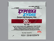 Zyprexa Zydis: This is a Tablet Disintegrating imprinted with 20 on the front, nothing on the back.