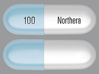 This is a Capsule imprinted with Northera on the front, 100 on the back.