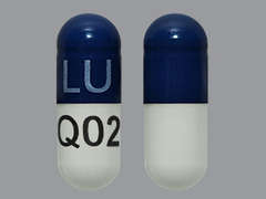 Esto es un Cápsula LP azul oscuro oblongo imprimido con LU en la parte delantera, Q02 en la parte posterior, y es fabricado por LUPIN PHARMACEU.