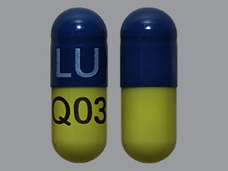 This is a Capsule Dr imprinted with LU on the front, Q03 on the back.