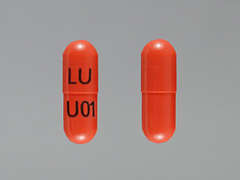 This is a brown oblong Capsule imprinted with LU on the front, U01 on the back, and is manufactured by LUPIN PHARMACEU.