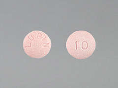 Esto es un Tableta rosado redondo imprimido con LUPIN en la parte delantera, 10 en la parte posterior, y es fabricado por BLUEPOINT LABOR.
