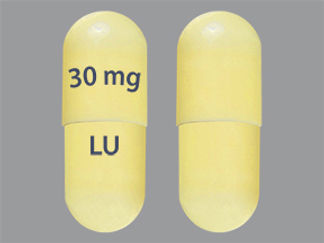 This is a Capsule imprinted with 30 mg on the front, LU on the back.