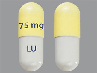 Esto es un Cápsula imprimido con 75 mg en la parte delantera, LU en la parte posterior, y es fabricado por None.