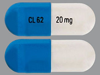 Esto es un Cápsula imprimido con CL 62 en la parte delantera, 20 mg en la parte posterior, y es fabricado por None.