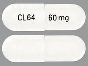 Ziprasidone Hcl: This is a Capsule imprinted with CL64 on the front, 60 mg on the back.