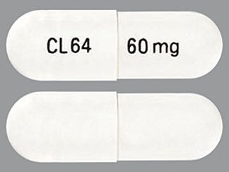 This is a Capsule imprinted with CL64 on the front, 60 mg on the back.