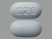 Pioglitazone-Metformin: This is a Tablet imprinted with C28 on the front, nothing on the back.