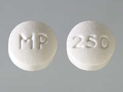 Esto es un Tableta blanco redondo imprimido con MP en la parte delantera, 250 en la parte posterior, y es fabricado por MIRUM PHARMACEU.