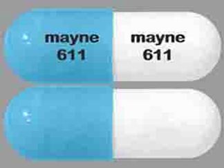 This is a Capsule Er Biphasic 50-50 imprinted with mayne  611 on the front, mayne  611 on the back.