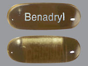 Benadryl: Esto es un Cápsula imprimido con Benadryl en la parte delantera, nada en la parte posterior, y es fabricado por None.