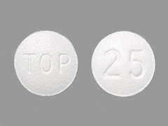 Esto es un Tableta blanco redondo imprimido con TOP en la parte delantera, 25 en la parte posterior, y es fabricado por JANSSEN PHARM..