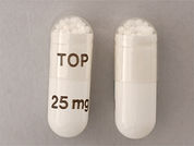 This is a Capsule Sprinkle imprinted with TOP on the front, 25 mg on the back.