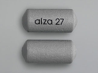 This is a Tablet Er 24 Hr imprinted with alza 27 on the front, nothing on the back.