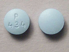 This is a blue round Tablet imprinted with P  434 on the front, nothing on the back, and is manufactured by UNIFIRST FIRST.
