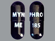 Mynephron: Esto es un Cápsula negro oblongo imprimido con MYNEPHRON en la parte delantera, ME 185 en la parte posterior, y es fabricado por ME PHARM.