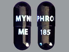 Esto es un Cápsula negro oblongo imprimido con MYNEPHRON en la parte delantera, ME 185 en la parte posterior, y es fabricado por ME PHARM.