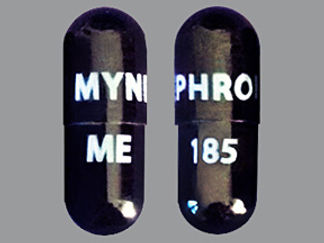 Esto es un Cápsula imprimido con MYNEPHRON en la parte delantera, ME 185 en la parte posterior, y es fabricado por None.