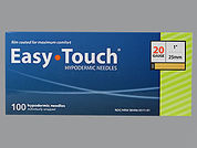 Easy Touch Hypodermic Needle: Esto es un Needle Disposable imprimido con nada en la parte delantera, nada en la parte posterior, y es fabricado por None.