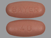 Stivarga: This is a Tablet imprinted with BAYER on the front, 40 on the back.