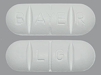 Esto es un Tableta imprimido con B AYE R en la parte delantera, L G en la parte posterior, y es fabricado por None.