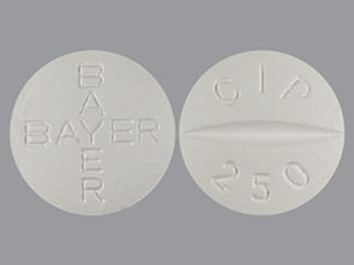 This is a Tablet imprinted with BAYER BAYER on the front, CIP  250 on the back.