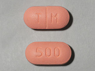 This is a Tablet imprinted with T M on the front, 500 on the back.