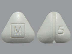 This is a white triangular Tablet imprinted with M on the front, 5 on the back, and is manufactured by MALLINCK-SPECGX.