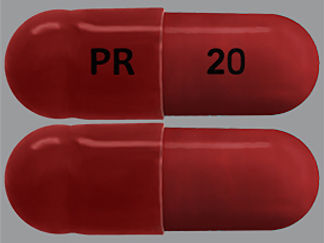 This is a Capsule imprinted with PR on the front, 20 on the back.