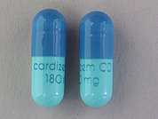 Cardizem Cd: This is a light turquoise blue oblong Capsule Er 24 Hr imprinted with cardizem CD  180 mg on the front, nothing on the back, and is manufactured by BAUSCH HEALTH U.