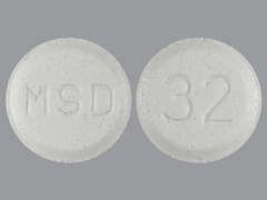 This is a white round Tablet imprinted with 32 on the front, MSD on the back, and is manufactured by MERCK SHARP & D.