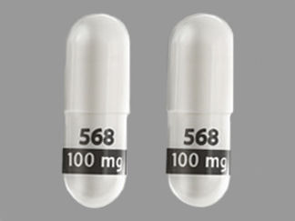 This is a Capsule imprinted with 568  100 mg on the front, nothing on the back.